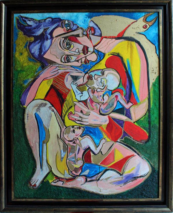 Lolochka huile sur toile de 1989 Nativité dim. 116 x 89 cm exemple de chef d'oeuvre créé par une des artistes fondatrice du mouvement Art Cloche précurseur de Stree Art