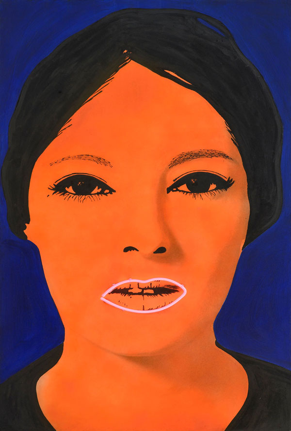 Elaine Sturtevant, Raysse, peinture à haute tension, 1970, peinture à l’aéro- graphe sur toile, flocage, néon, châssis en bois, 161,5 x 96,5 cm