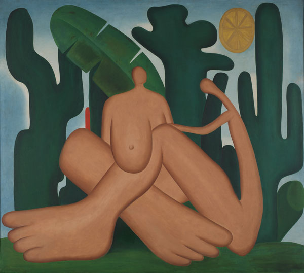 Tarsila do Amaral. Anthropophagy (Antropofagia), 1929.  Oil on canvas. 49 5/8 x 55 15/16 in. (126 x 142 cm).  Acervo da Fundação Jose e Paulina Nemirovsky,  em comodato com a Pinacoteca do Estado de São Paulo.  © Tarsila do Amaral Licenciamentos.