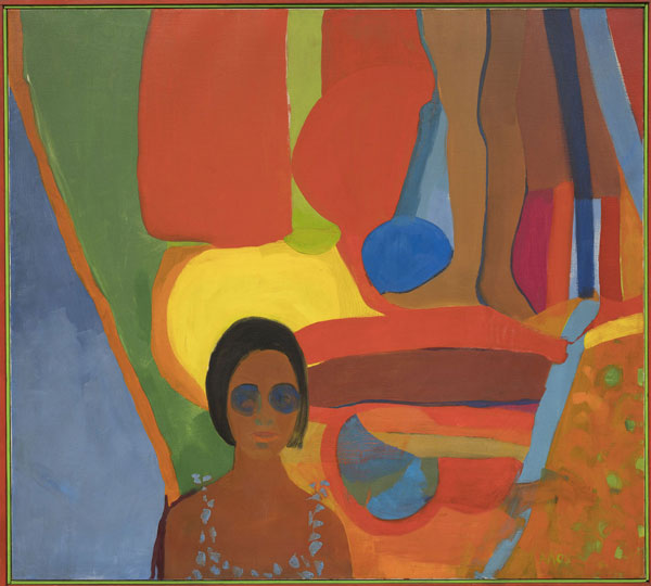 Emma Amos  Baby, 1966  Oil on canvas  46 1/2 × 51 in. (118.1 × 129.5 cm)  Purchased jointly by the Whitney Museum of American Art,  with funds from the Painting and Sculpture Committee; and  The Studio Museum in Harlem, museum purchase with  funds provided by Ann Tenenbaum and Thomas H. Lee  2019.1a-b 