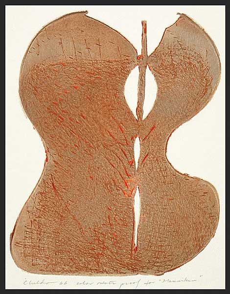 Color intaglio; 1966; pencil signed, titled and dated; inscribed: color state proof for "Mannikin"; printed by the artist on antique-white textured wove paper; 9-3/4 x 7-3/4" platemark