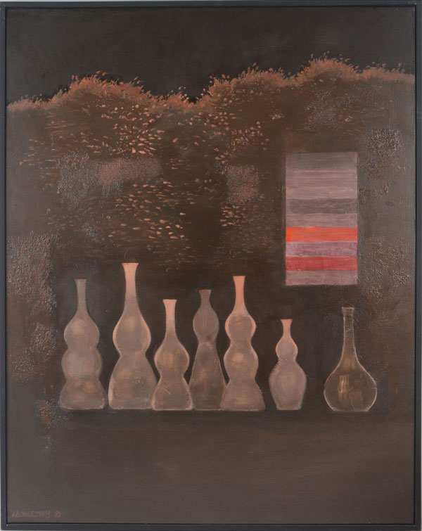 Jean Couy (1910-1983) 6 flacons plus 1, 1982 ou 1981 huile sur toile 92 x 73 cm