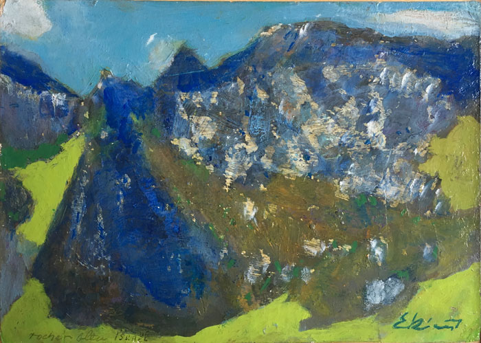 Ekiert huile sur panneau, 22x16 cm, signée en bas à droite et titrée « rocher bleu Israël », en bas à gauche.