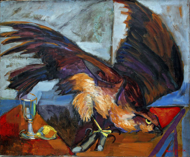 Michel Patrix (1917-1973) huile sur toile de 1955 Référence A205 signée en bas à droite intitulée au dos La buse qui a mangé le canard 