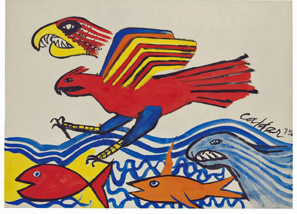 Alexander Calder  Eagle and Fish, 1975  Signed and dated on the lower right  Gouache and ink on paper  58,4 x 77,4 cm | 23 x 30.5 in.  Provenance  G. Goodstadt, Westport, Connecticut  Private collection, Switzerland  Christie’s, New York, 4 May 1989, lot 236  Crane Kallman Gallery, London, 1989  Sotheby’s, New York, 11 October 2006, lot 265  Private collection, Geneva  Private collection, New York  Certificate  This work is registered in the archives of the Calder Foundation, New York, under application no. A07385 