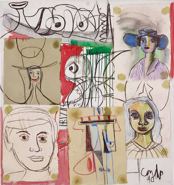 George Condo  Late Night in St. Moritz, 1990  Signed and dated on the lower right  Pastel, charcoal, gouache, paper collage on canvas  160 x 150 cm | 63 x 59.1 in.  Provenance Leo Koenig Inc., New York  Galerie Bischofberger, Zurich  Phillips, London, 16 October 2014, lot 146  Private collection, London 