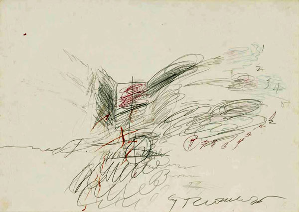 Cy Twombly  Untitled, 1963  Signed and dated on the lower right, signed and dedicated on the reverse  Pencil, crayon and biro on paper  50 x 70 cm | 19.7 x 27.6 in.  Provenance Galleria La Tartaruga, Rome  Studio Febo, Rome  The Lone Star Foundation, Inc., New York  Dia Art Foundation  Sotheby's, New York, 13 November 2013, lot 53  Private collection, Europe  Literature  Nicola Del Roscio, Cy Twombly Drawings: Catalogue raisonné, Vol. 3, 1961 - 1963,  New York, 2013, p. 190, no. 271, ill. 