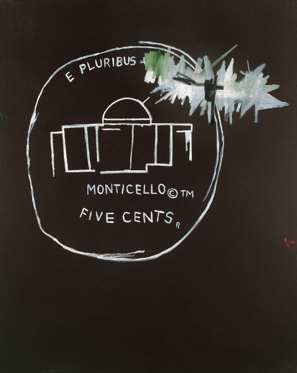 Jean-Michel Basquiat  Monticello, 1986  Signed, titled and dated on the reverse  Acrylic on canvas 127 x 99 cm | 50 x 39 in.  Provenance  Galerie Bishofberger, Zurich  Galeria d’Art, Barcelona  Private collection  Exhibited  Barcelona, Dau al Set, Galeria d’Art, Jean-Michel Basquiat, 1989, no. 8  Malaga, Junta de Andalucia, Jean-Michel Basquiat, 1996, p. 83  Forte dei Miami, Galleria d’Arte Dante Vecchiato; Cortina d’Ampezzo, Galleria Dante Vecchiato, Basquiat, 1999, p. 31  Paris, Fondation Dina Vierny-Musée Maillol, Jean-Michel Basquiat, 2003, p. 100  Literature  Richard D. Marshall, Jean-Louis Prat, Jean-Michel Basquiat, Paris, Galerie Enrico Navarra, 1996, Vol. I, p. 311  Richard D. Marshall, Jean-Louis Prat, Jean-Michel Basquiat, Paris, Galerie Enrico Navarra, 2000, Vol. l, p. 326, Vol. lI, p. 248, no. 6  Certificate This work is registered in the archives of The Estate of Jean-Michel Basquiat under the no. 60030 
