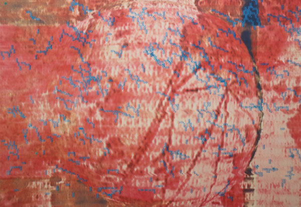 Joseph Nechvatal viral attaque la CaRne, 1993 190 x 275 cm, peinture acrylique sur toile assistée par robot