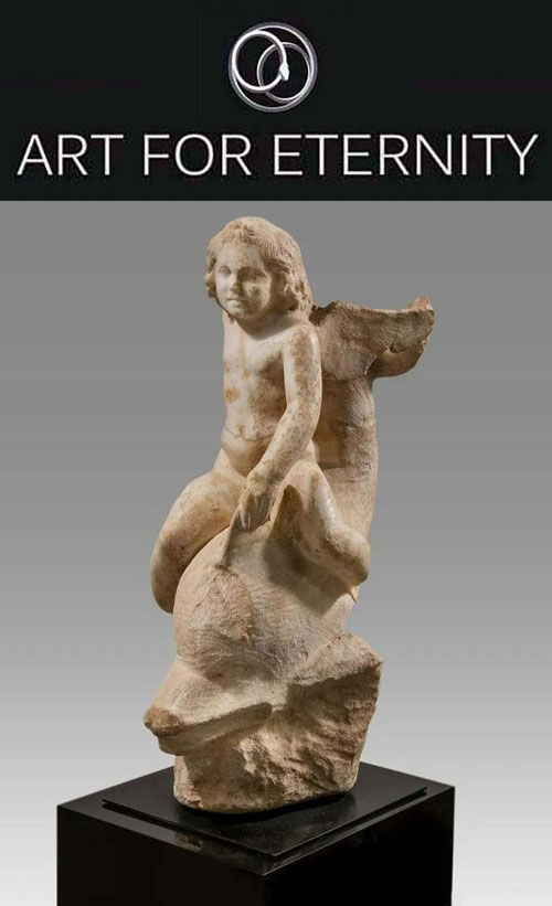 Roman marble Cupid or Eros, Ca 1st to 2nd Century AD. The winged god riding a dolphin, holding its dorsal fin with his left hand, the dolphin resting on a base and baring its teeth. A lovely and large ancient sculpture with good original polish and encrustation. Size is 27 inches (68.6cm) high, 17 inches wide. Provenance: Ex Mr. And Mrs. Kenneth Gladstone, New York City acquired from Galerie Francois Antonovich, Paris France, 1984