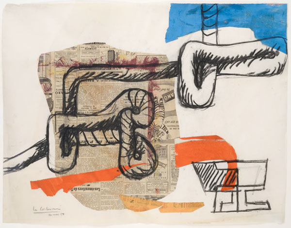 Le Corbusier  Corde et verres  1954  Collage de journal, papiers gouachés et fusain sur papier  48 x 62 cm  Encadrement: 85 x 71,2 x 8 cm  Courtesy de la galerie Zlotowski 
