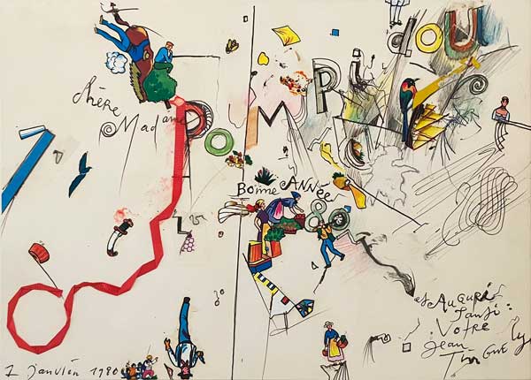 Jean Tinguely ( 1925 - 1991), Bonne année 80 !, 1er janvier 1980, collage, encre et crayon de couleur 