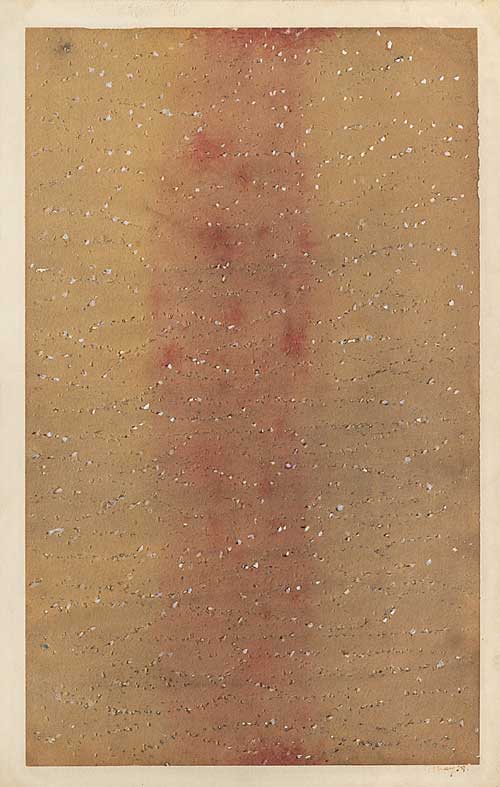 MARK TOBEY Pierced Space, 1959,  tempera and incisions on cardboard laid down on  cardboard, 46,50 x 30 cm Courtesy Collection de Bueil & Ract-Madoux, Paris