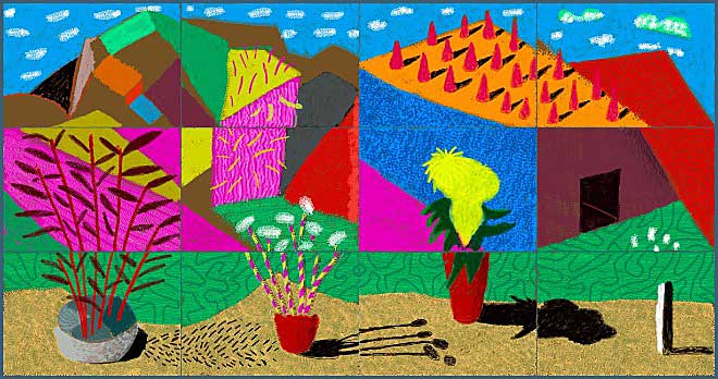 David Hockney, August 2021, Landscape with Shadows, Twelve iPad paintings comprising a single work, printed on paper, mounted on Dibond, Edition of 25, 108.2 x 205 cm (42.5 x 80.75 Inches), © David Hockney
