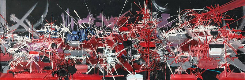 Georges Mathieu, Nantouillet II, 1986, oil on canvas, 60 x 180 cm I 23.6 x 70.9 in Opera Gallery Singapore