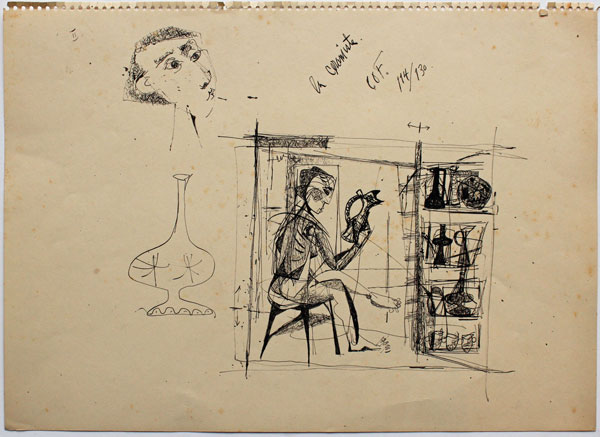 John Harrison Levee dessin sur papier à l'encre de chine de 1954