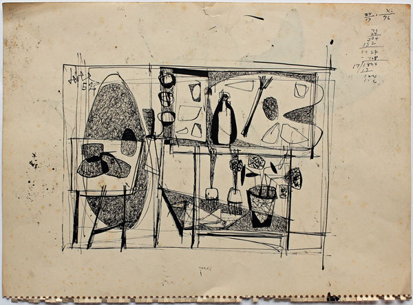 John Harrison Levee dessin recto verso sur papier à l'encre de chine de 1954