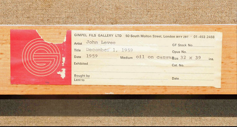 John Harrison Levee 1959 dim. 81x100 december 1 dos de la toile etiquette Gimpel Fils Gallery