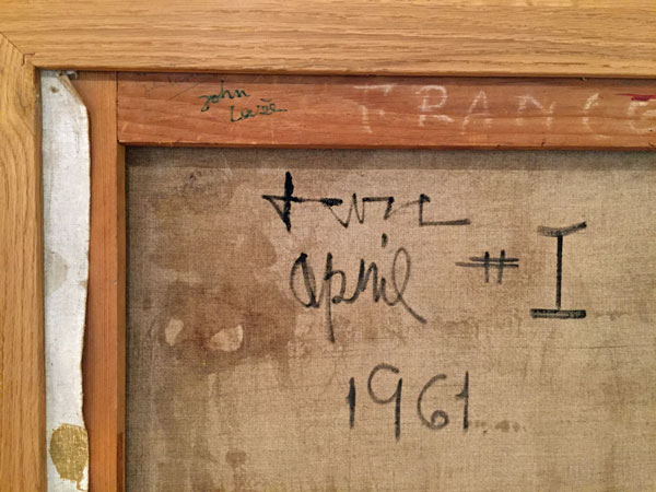 John Harrison LEVEE (1924-2017) Huile sur toile 162 x 114 cm (64 x 45 inches) Signée, titrée APRIL I et datée 1961 au dos Etiquette au dos  