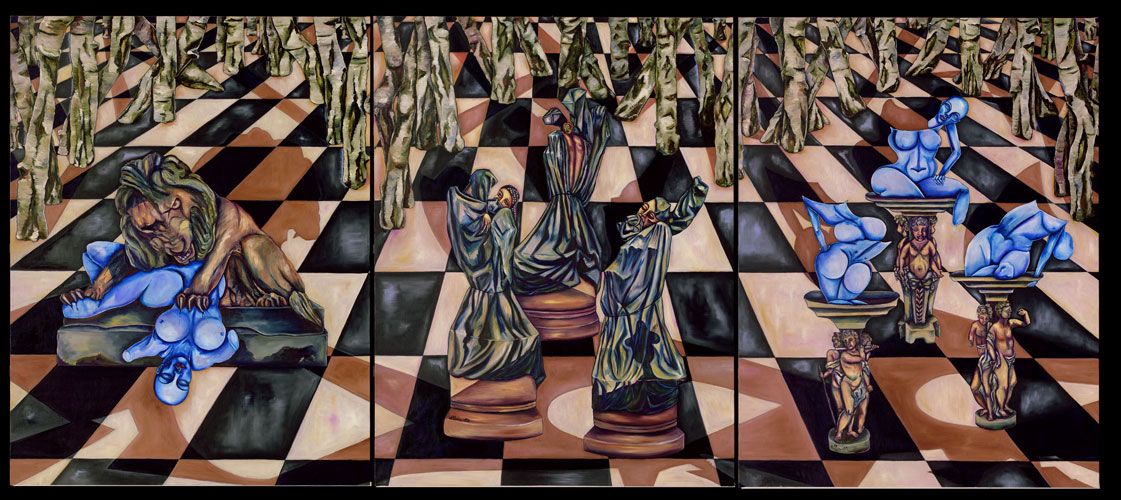 Aude Allonville Echec et mat triptique huile sur toile 267 x 116 cm