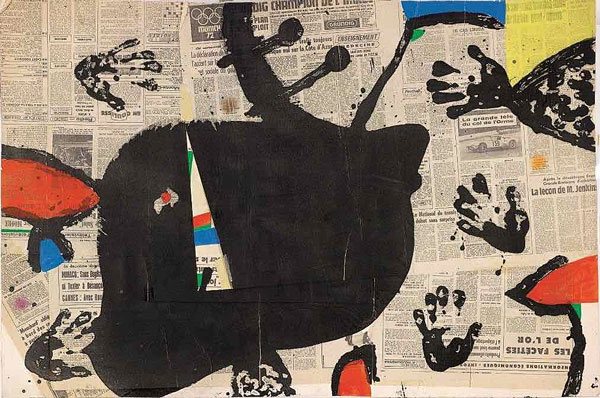 Les Mains sales – maquette, 1974. Gouache et Collage de journaux sur papier.  © Successió Miró, Adagp Paris 2019.  Photo Claude Germain / Archives Fondation Maeght.