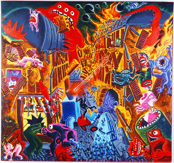  Hervé Di Rosa,&nbsp;Di Rosaworld, 2020. Acrylique sur toile, 215 x 155 cm © Adagp Paris 2026 Émergence d'un langage  Le rez-de-chaussée du centre d'art plonge le visiteur dans l'effervescence des années 1980, moment fondateur où Hervé Di Rosa développe un langage plastique&nbsp;immédiatement reconnaissable. Figures hybrides, narration foisonnante, énergie&nbsp;graphique et palette vive : sa peinture s'inscrit en rupture avec les codes dominants de&nbsp;l'époque et affirme une liberté de ton revendiquée. Nourrie par la culture populaire,&nbsp;la bande dessinée, l'imagerie vernaculaire et les arts dits « mineurs », elle participe&nbsp;à redéfinir les hiérarchies artistiques et à élargir le champ de la peinture&nbsp;contemporaine.  Hervé Di Rosa,&nbsp;L'attaque de la rue du Malheur,&nbsp;1984. Acrylique sur toile, 189 x 202 cm © Adagp Paris 2026