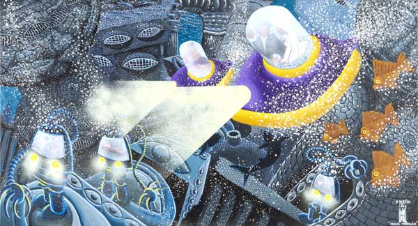 Hervé Di Rosa, Idoles immergées, 2025. Acrylique sur toile, 111 × 206 cm. Courtoisie de l'artiste et Templon, Paris - Bruxelles - New York. Photo © Artist's studio