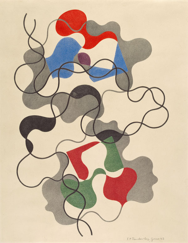 Sophie Taeuber-Arp. Lignes d’été. 1942. Colored pencil on paper. 19 1/8 × 14 3/4″ (48.5 × 37.5 cm). Emanuel Hoffmann Foundation, on permanent loan to the Öffentliche Kunstsammlung Basel. Photo: Kunstmuseum Basel, Martin P. Bühler. © 2020 Stiftung Arp e.V., Berlin/Rolandswerth / Artists Rights Society (ARS), New York