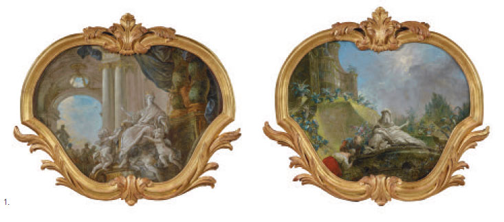 Jacques de Lajoüe (1686 - 1761), Quatre éléments de décor du cabinet du duc de Picquigny pour la rue du Bac puis à l’hôtel de Vendôme - L’éloquence, La botanique, environ 48 x 62cm signés Lajoue - Galerie DIDIER AARON