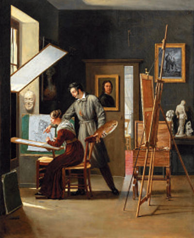 Paul-Claude-Michel Carpentier (1787 - 1877), « Un peintre dans son atelier donnant des conseils à sa jeune élève », 1825 , Huile sur toile, 73,1 x 60,5 cm, Signé et daté en bas à gauche : Carpentier / 1825 - TALABARDON & GAUTIER