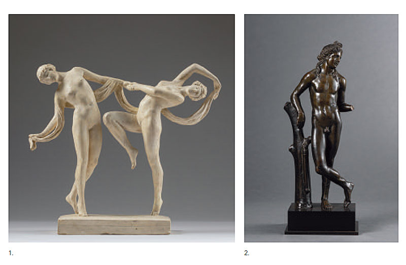 1. Charles Samuel (1862-1938), Couple de danseuses, Plâtre, Signature sur la base : Ch. Samuel, 31 x 29 x 9 cm - LANCZ GALLERY 2. Ecole de Mantoue, Apollon, Renaissance 1500-1520, Bronze, H. 35 cm - GALERIE SISMANN